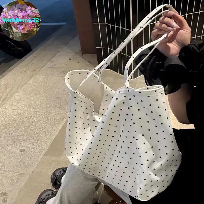 WithBetter Polka Dot กระเป๋าโท้ทขนาดใหญ่สําหรับผู้หญิงผ้าใบกว้างขวางชายหาดและออกนอกบ้าน TH ราคาถูก Shopee Lazada