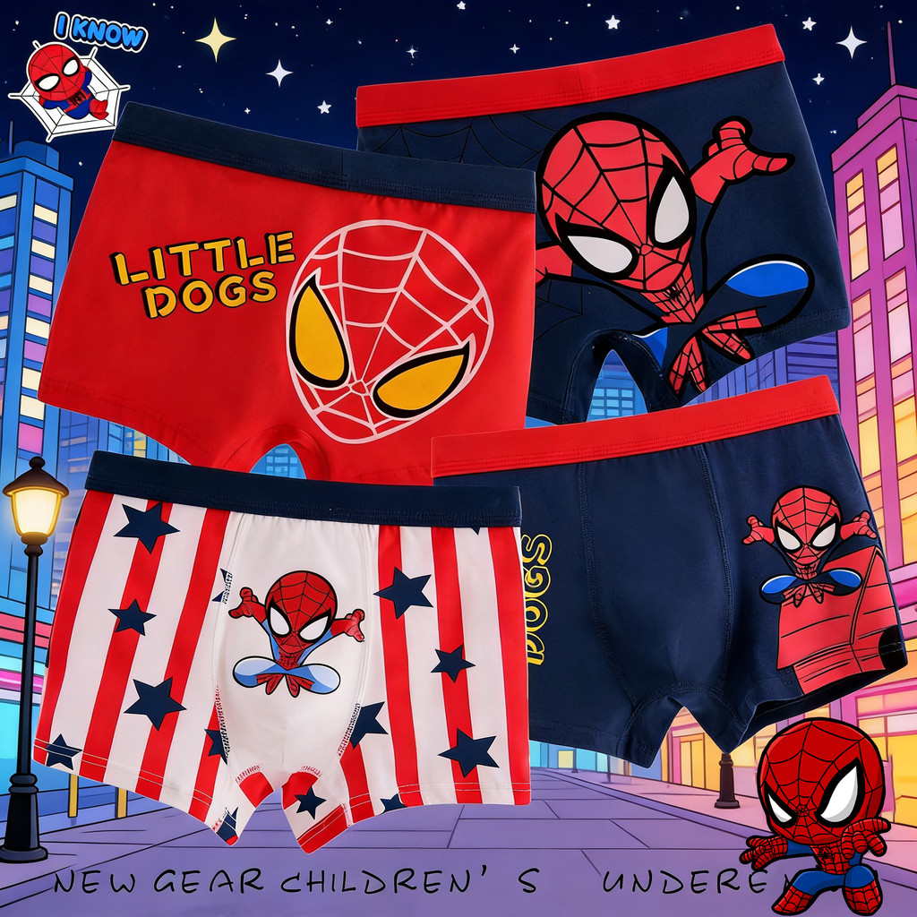 Cartoon Spider-Man underwear for children aged 3-14, 4-pack, boys' boxer briefs, breathable and comfortable, suitable fo