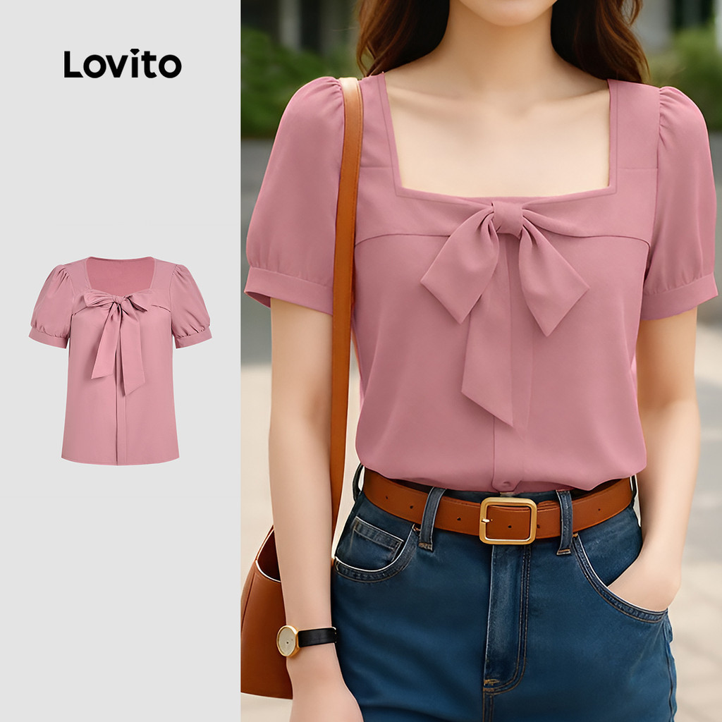 Lovito เสื้อเชิ้ตลําลองผู้หญิง สีเขียวมะกอก สําหรับฤดูใบไม้ผลิ/ฤดูร้อน LK6ED186