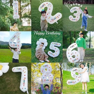 ขาว ลูกโป่งตัวเลข（ตัวเลข 0-9 ） ลูกโป่งฟอยล์ สีขาวพิมพ์ลายด้านเดียว อลูมิเนียมฟอยล์ วันเกิด ตัวอักษร 32นิ้ว
