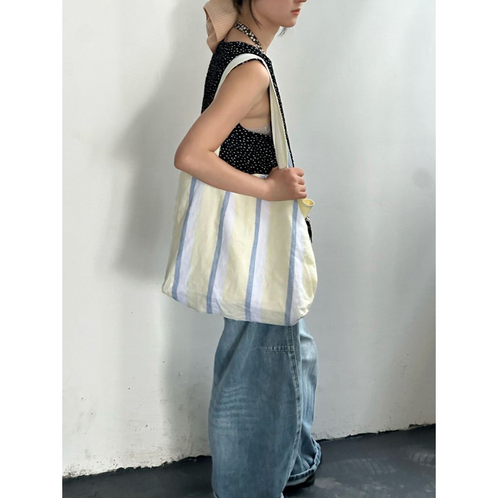 วันศุกร์เย็น|Striped High-density 100% Linen Tote ins Style Portable One-Shoulder Large-Capa