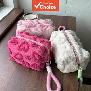 Plush Heart Pink Makeup Bag – Portable Travel Toiletry Storage, Soft & Fashionable For Women