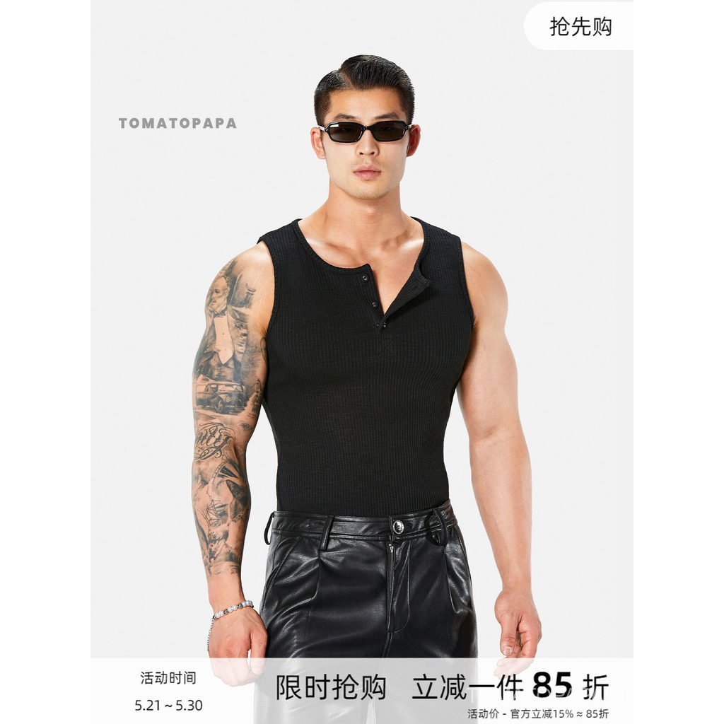TOMATOPAPA Mens Slim-fit Spiral Vest-Fitness Stretch Fit Bottoming เสื้อกีฬาแสดงรูป