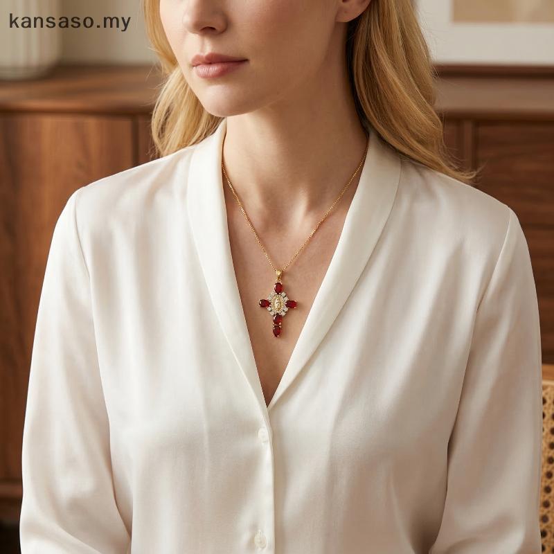[KSA] Crucifix Nelace Retro สไตล์ Gilded Zircon Cross จี้คริสตัลศาสนาคอสําหรับพิธี [MY]