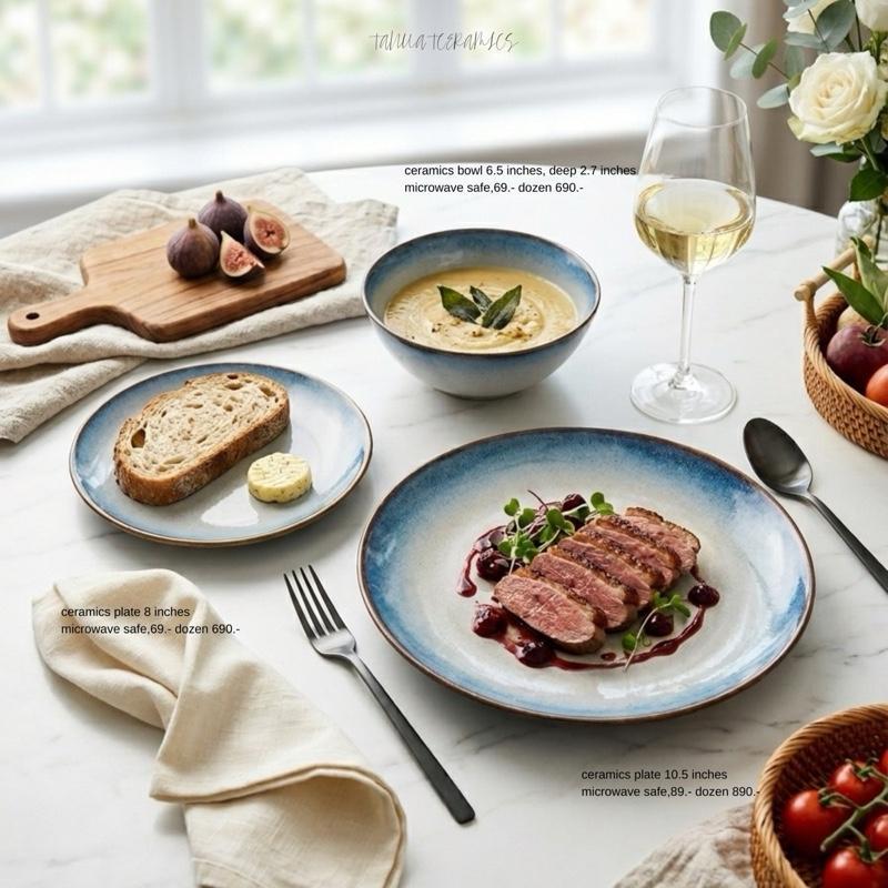 ราคาพิเศษ!! (หลุดคิวซี) จาน ชาม Azure Ocean Collection (อาซัวร์ โอเชียน คอลเลกชัน) โทนฟ้าครามไล่เฉดตัดขอบน้ำตาล - สามารถ