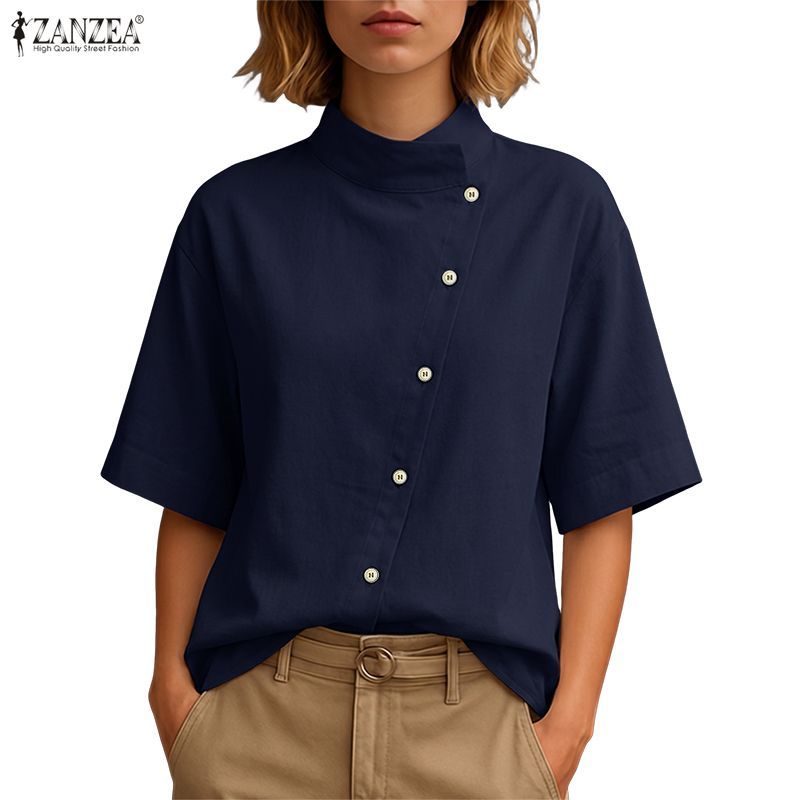 ZANZEA เสื้อเชิ้ตสตรีคอตั้งลําลองเกาหลีแขนสามส่วนไม่สมมาตร Placket