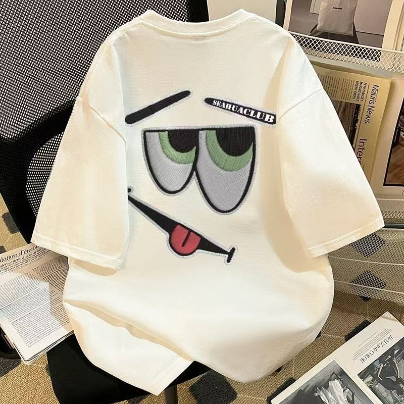 夏季创意表情印花美式休闲百搭上衣男女同款韩版圆领百搭短袖T恤202605025 Summer Creative Emoji Print American Casual Versatile Top Un