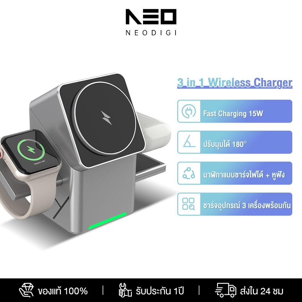 NEODIGI Magnetic 3 in 1 Wireless Charger สําหรับ Phone 14 15 16 17 Pro Max 12 15W สถานีชาร์จไร้สายสําหรับนาฬิกา/Pods Pro