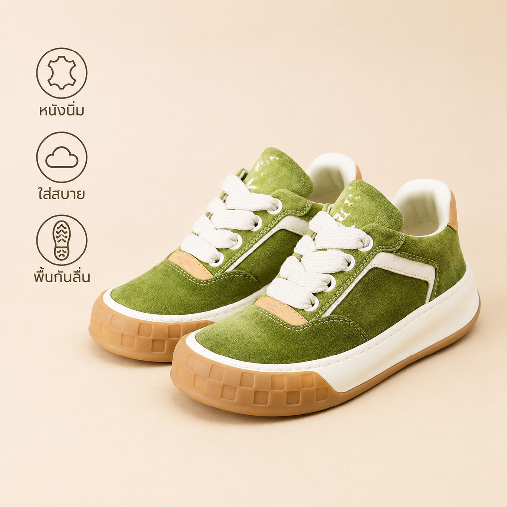 รองเท้าผ้าใบคู่รักวัสดุหนังนุ่มพื้นรองเท้าบิสกิตสวมใส่สบายกันลื่น LV Trainer