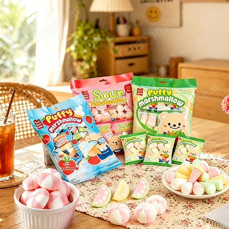 ขนมมาร์ชแมโลว์ 4ถุง 48ซอง ตัวฮิต อร่อย นุ่ม หอมกลิ่นผลไม้ มีให้เลือก มีไส้ อร่อย ทานได้ทุกวัย