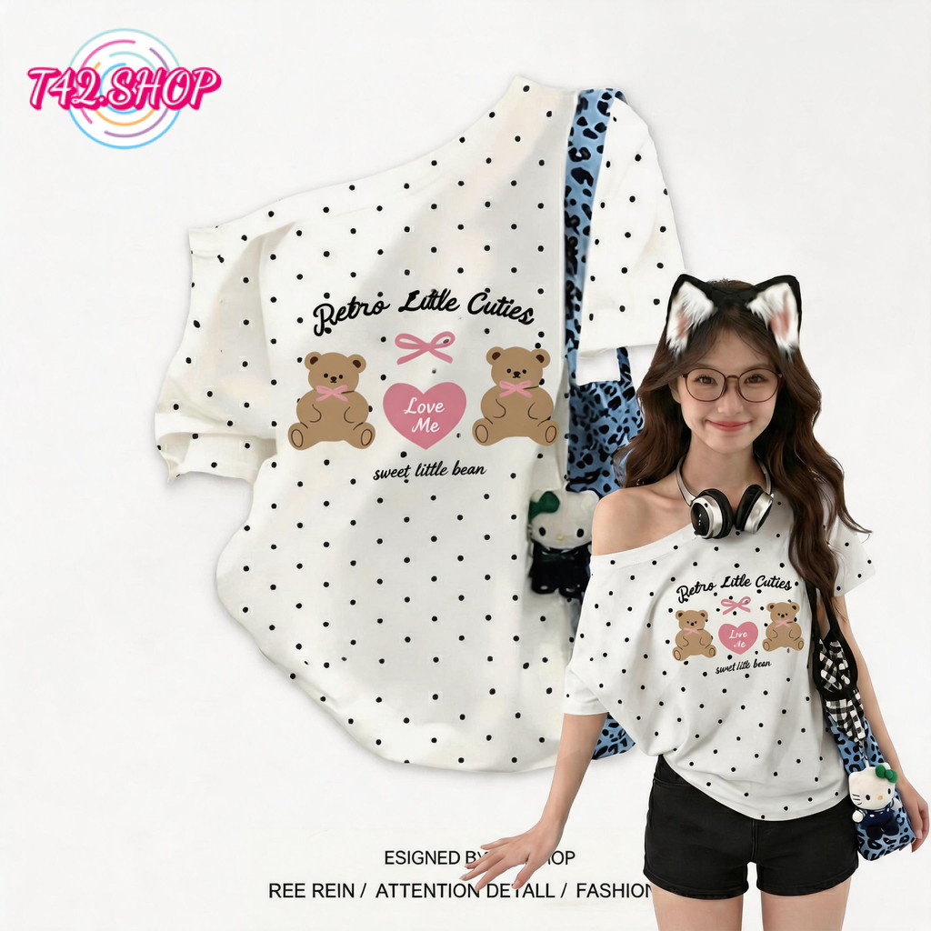 T42.SHOP เสื้อปาดไหล่ผู้หญิงน่ารัก ลายจุด สไตล์เกาหลี ดีไซน์สุดคลาสสิก โคตรนุ่ม สำหรับทุกโอกาส ไม่ต้องรีด "Petio bear"