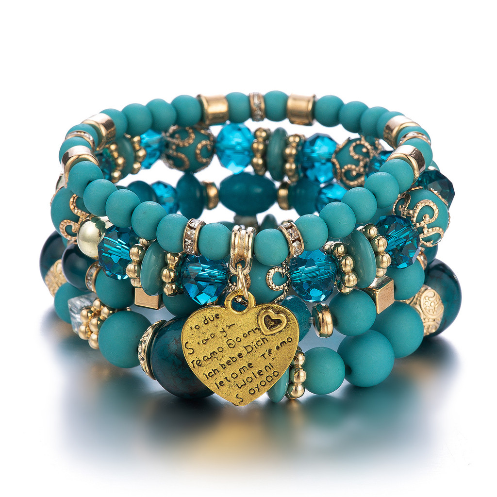 4 ชิ้น Boho ลูกปัดคริสตัลสร้อยข้อมือชุดผู้หญิง Vintage Heart Charm กําไลข้อมือยืดหยุ่นหญิงแฟชั่นเครื่องประดับ