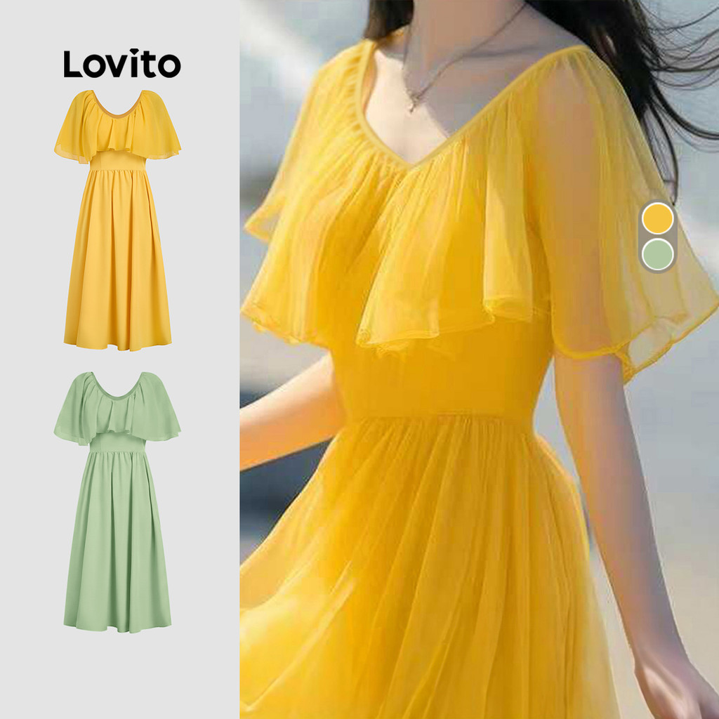 Lovito ชุดเดรสลำลองสำหรับวันสงกรานต์ เดรสทรงระบายชายกระโปรงสีเหลืองสำหรับผู้หญิง เหมาะสำหรับใส่ไปทำงานหรือไปโรงเรียนในฤดูใบไม้ผลิ/ฤดูร้อน LK3AD234