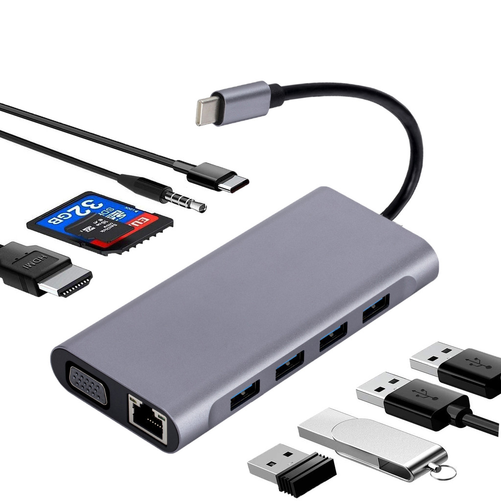 Type-c Docking Station USBC ถึง HDMI + VGA + PD rj45 100MI 11 in 1 Extender hub