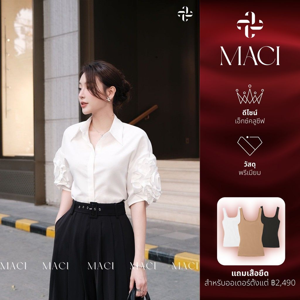 MACI เสื้อเชิ้ตลายดอกไม้แขนขาวแฟชั่นสตรี ดีไซน์สุดพิเศษ