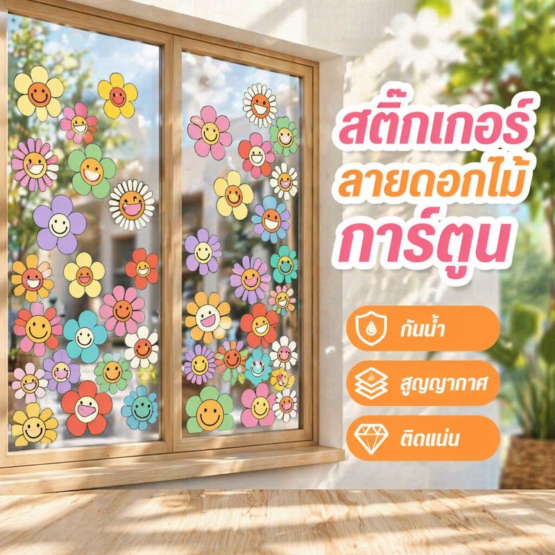 สติกเกอร์ติดกระจก สติกเกอร์หน้าต่าง ลายดอกไม้การ์ตูน PVC กันน้ำ ติดซ้ำได้ ลอกไม่ทิ้งคราบ ตกแต่งบ้าน