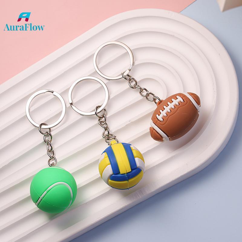 AuraFlow จําลองฟุตบอลบาสเกตบอลวอลเลย์บอลเทนนิสรักบี้พวงกุญแจ PVC Creative Mini Key แหวน Bapa จี้รถอุปกรณ์เสริมของขวัญใหม่