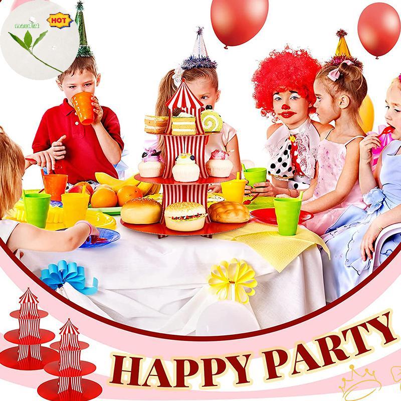 Maud 1 ชุด 3 ชั้น Circus Carnival กระดาษ Cupcake ขาตั้งสีแดงลายอุปกรณ์ตกแต่งเค้กวันเด็กขนม Cupcake S
