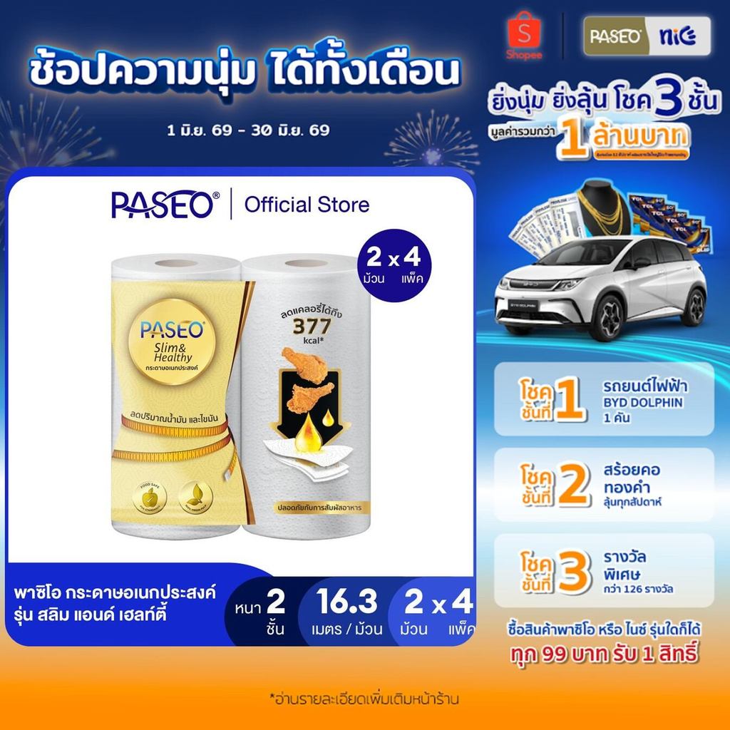 (4 แพ็ค 8 ม้วน) PASEO พาซิโอ รุ่น สลิม แอนด์ เฮลท์ตี้ กระดาษอเนกประสงค์ แพ็ค 2 ม้วน (กระดาษทิชชู่ กระดาษซับน้ำมัน) x 4
