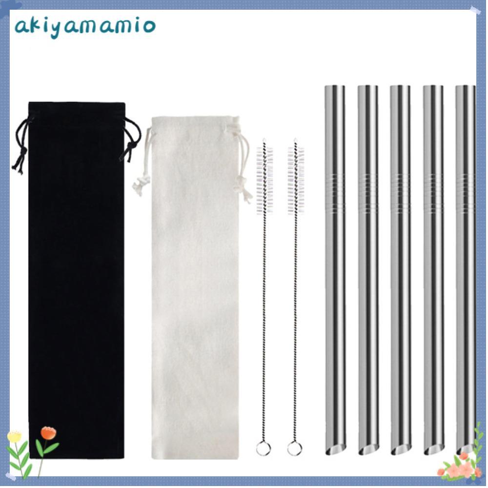 AKIYAMIO หลอดโลหะ, สี 304 หลอด Boba สแตนเลส, หลอดตรงปากเอียงแบบใช้ซ้ําได้ 12 มม.สําหรับชาฟองไข่มุกมันสําปะหลัง