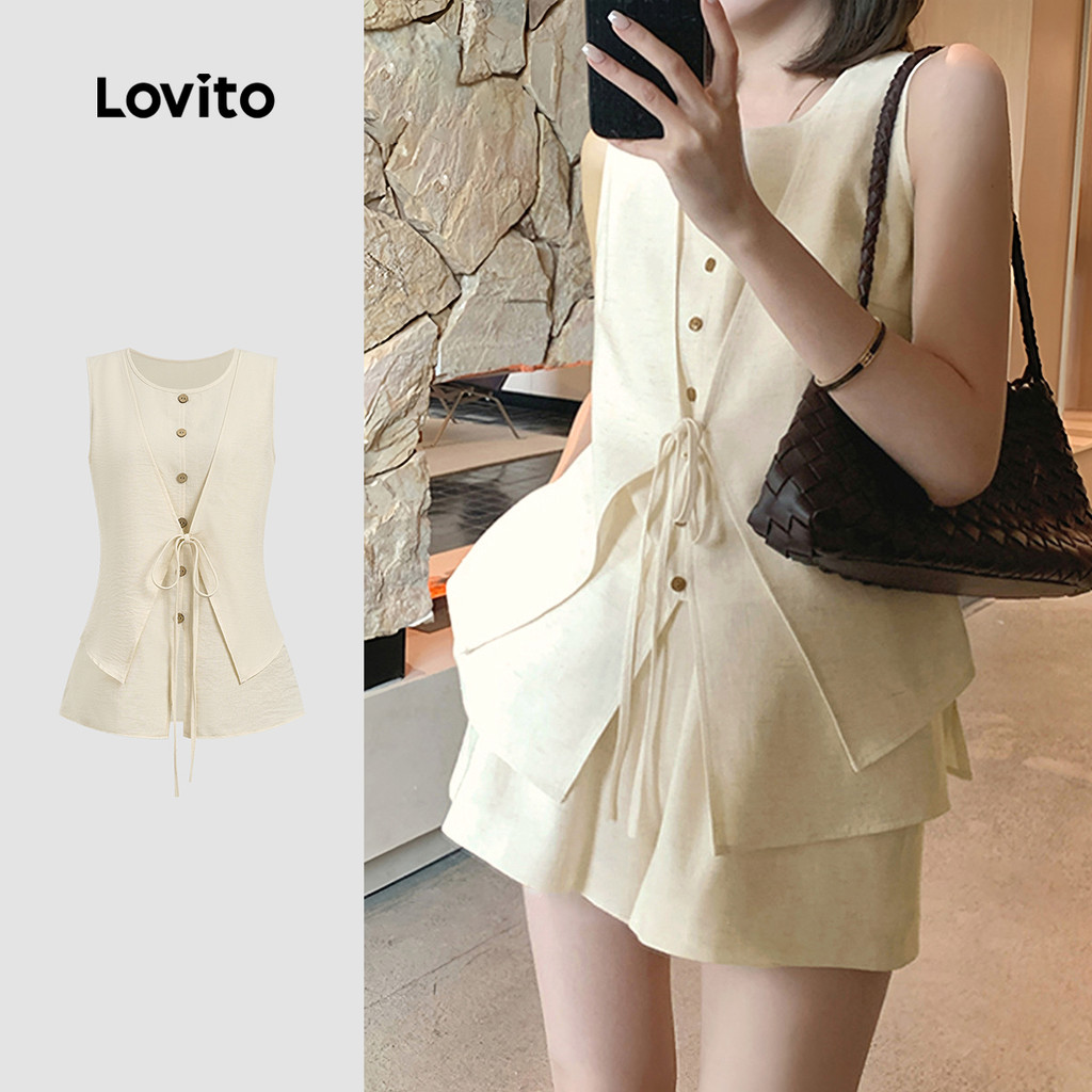 Lovito เสื้อหรือกางเกงปลอมแบบ 2-in-1 กระเป๋า สีขาวครีม สําหรับฤดูใบไม้ผลิ/ฤดูร้อน สําหรับผู้หญิง L191AD069