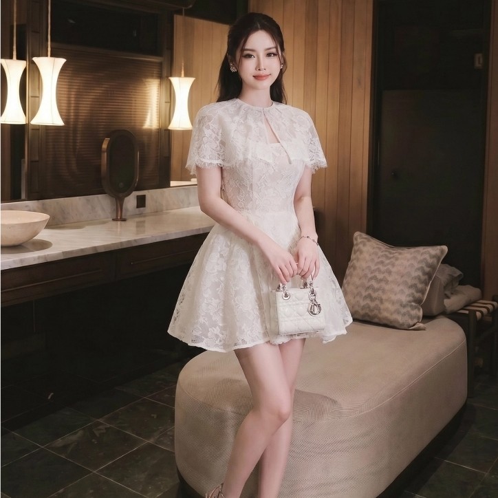 OLIVIA.CHIC Luxury Ladys Gown Dress, Feminine 2-Strap Short Dress with Flared Hips and Short Robe V1466