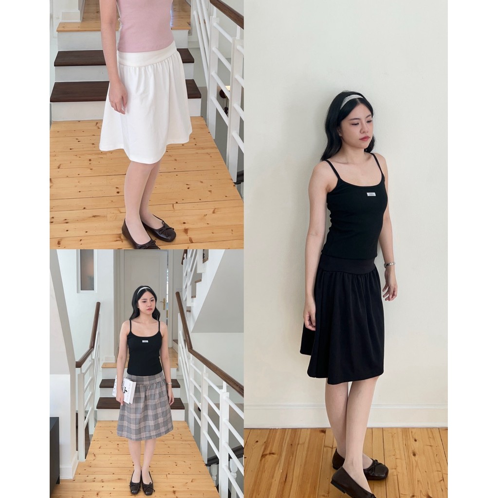 HASU54 School midi skirt กระโปรงเอวสูง ทรงบานจีบเอว (happysummer.bkk)