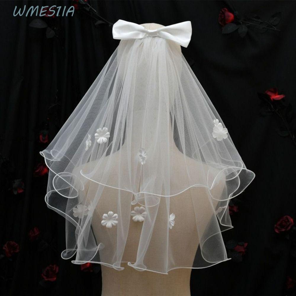 WMES1IA Marry Veil, ดอกไม้ริบบิ้น,หวาน Double Layer Bow เจ้าสาว Headdress เจ้าสาวผ้าพันคอเจ้าสาวอุปกรณ์เสริม