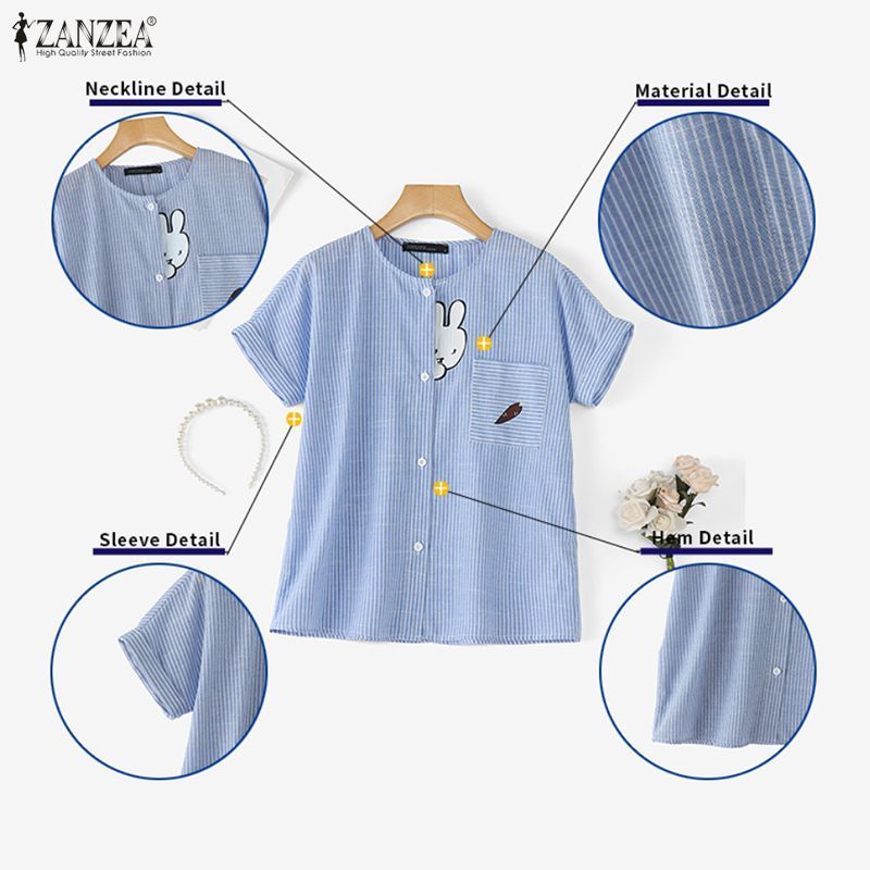 ZANZEA ผู้หญิงเกาหลีฤดูร้อนสบายๆลูกเรือคอ Raglan แขนกระต่ายพิมพ์ปุ่มขึ้นเสื้อลาย — صورة 7