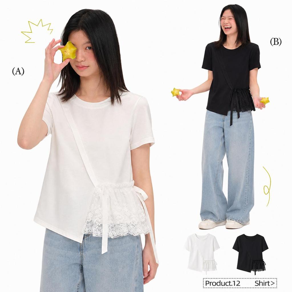 Chili Koko เสื้อยืดผู้หญิงแขนสั้นแต่งลูกไม้ สไตล์เกาหลี ทรงเข้ารูป พรางหุ่น ชายเสื้อซีทรูดีไซน์เก๋ ใส่ได้ทุกวัน 99312
