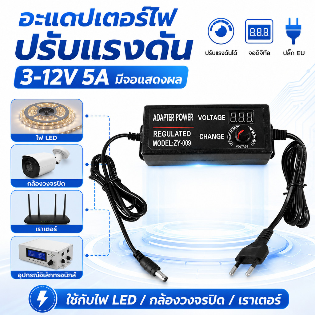 แหล่งจ่ายไฟปรับโวลต์ อะแดปเตอร์ DC ปรับแรงดัน 3-12V 5A มีจอดิจิทัล ปลั๊ก EU สำหรับไฟ LED เราเตอร์ กล้องวงจรปิด อุปกรณ์ไฟ