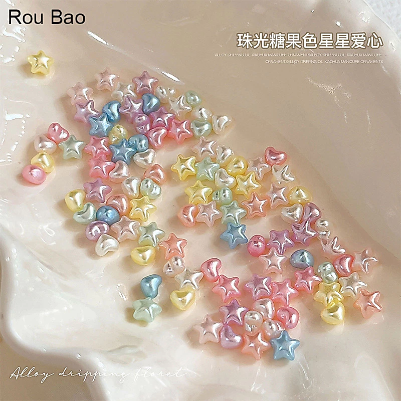 Rou Bao 50 ชิ้นเล็บ Pearl Glow Candy สี Star Heart เรซิ่น Girly เล็บตกแต่งศิลปะ