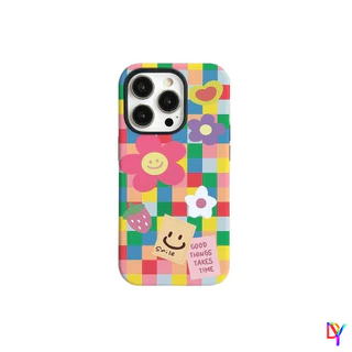 Vibrant Checkered Smiley 2-in-1 ฟิล์มกรณี Double-Layer Anti-Drop สําหรับ iPhone 17/16 Pro Max 14 Plus 13/12/11 Pro Max XS Max 7/8 Plus