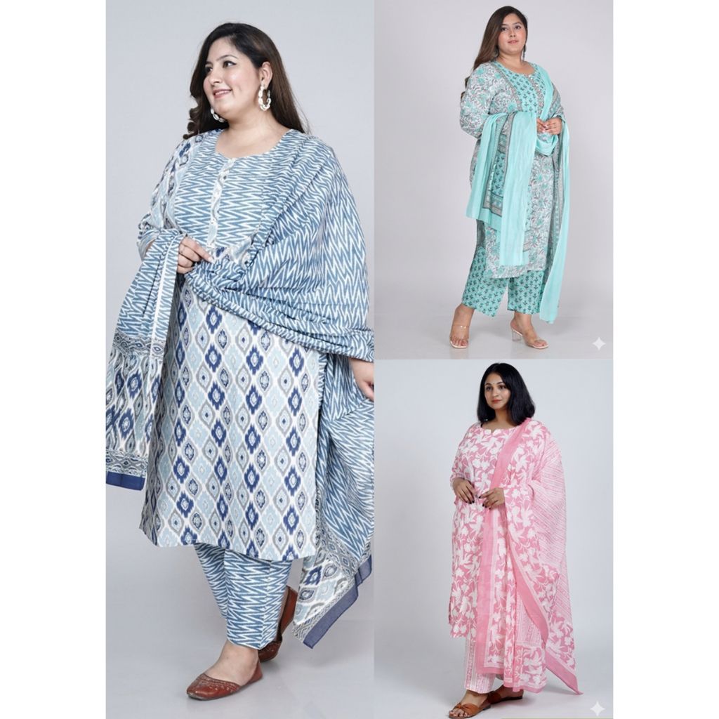 DEBAYU Plus Size Cotton Straight Kurti with Bottom & Duptata Set Size 4XL ถึง 8XL