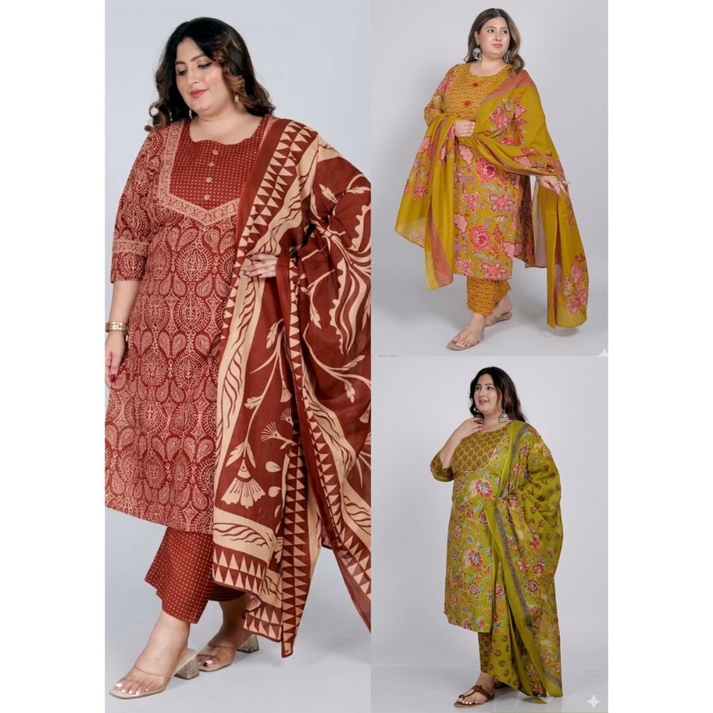 DEBAYU Plus Size Cotton Straight Kurti with Bottom & Duptata Set Size 4XL ถึง 8XL