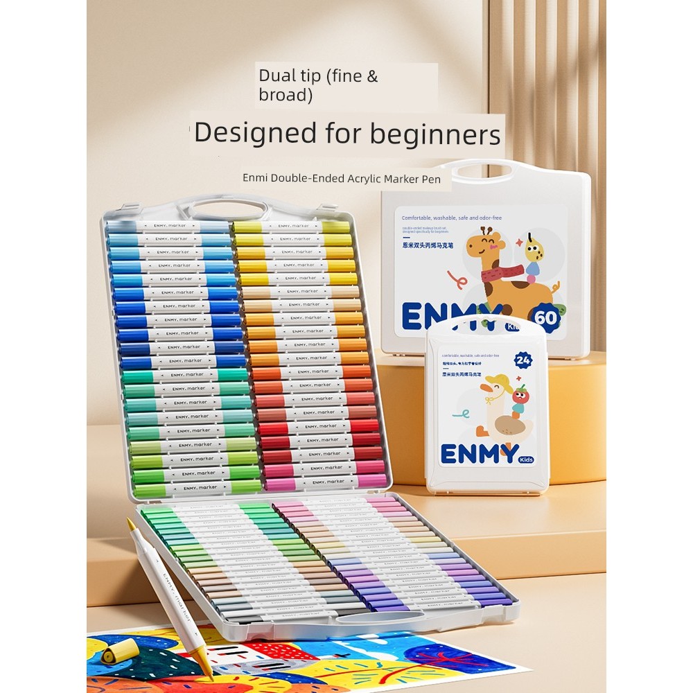 Enmi ปากกามาร์กเกอร์อะคริลิกสองหัวหัวนิ่มสำหรับนักเรียนชั้นประถมศึกษาโดยเฉพาะนักเรียนศิลปะเด็กอนุบาลแปรงทาสีมือสามารถซ้อนกันได้สีไม่ซึมผ่านแห้งเร็วกันน้ำ60สีแปรงล้างทำความ