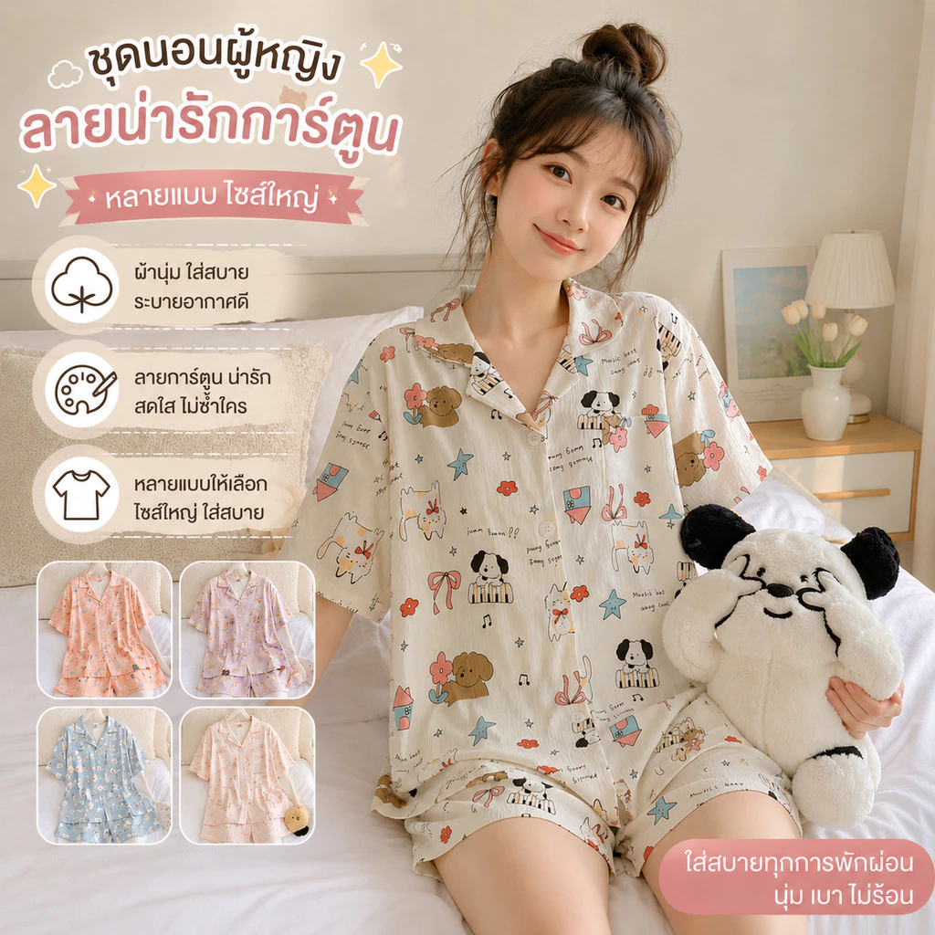 H-apparel shop เซตชุดนอน ออกแบบลายการ์ตูน แขนสั้น+ขาสั้น เนื้อผ้าบางเบาใส่สบาย น่ารัก สินค้าพร้อมจัดส่ง