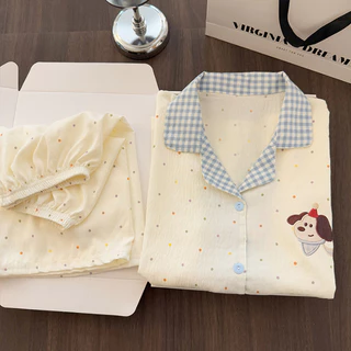 ฤดูร้อนกางเกงขาสั้นแขนสั้น Cloud Cotton Lapel ชุดนอนผู้หญิง Simple Comfort คาร์ดิแกน Hom