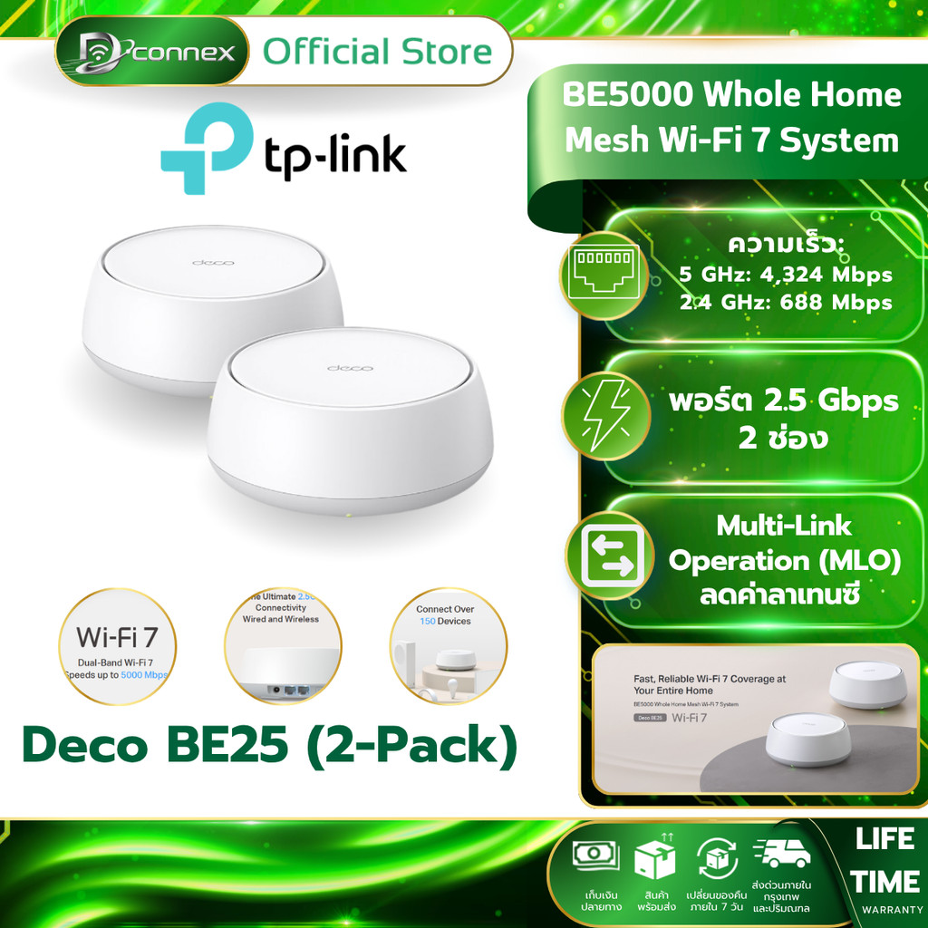 TP-LINK Deco BE25 (2-Pack) Wi-Fi 7 BE5000 Whole Home Mesh System รับประกันศูนย์ไทย