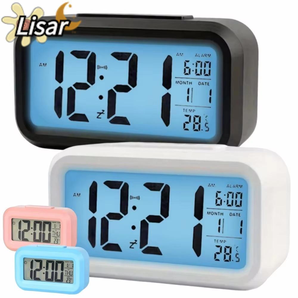 LISAR นาฬิกาปลุกดิจิตอล,จอแสดงผล LCD ปฏิทิน LED นาฬิกาดิจิตอล, แบตเตอรี่แบบพกพาดําเนินการไฟ LED แสดงอุณหภูมินาฬิกาโต๊ะข้างเตียงตกแต่งบ้าน