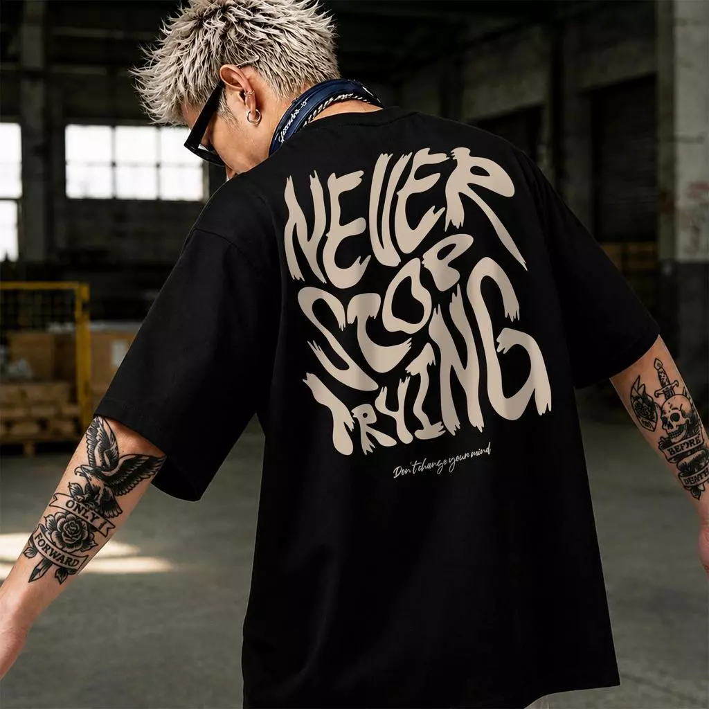 Y-T🧸เสื้อยืดชาย เสื้อยืด oversize ผ้าฝ้าย100% ไม่ต้องรีดผ้า สวมใส่สบาย วินเทจ ผ้านิ่ม ลาย "NEVER STOP"