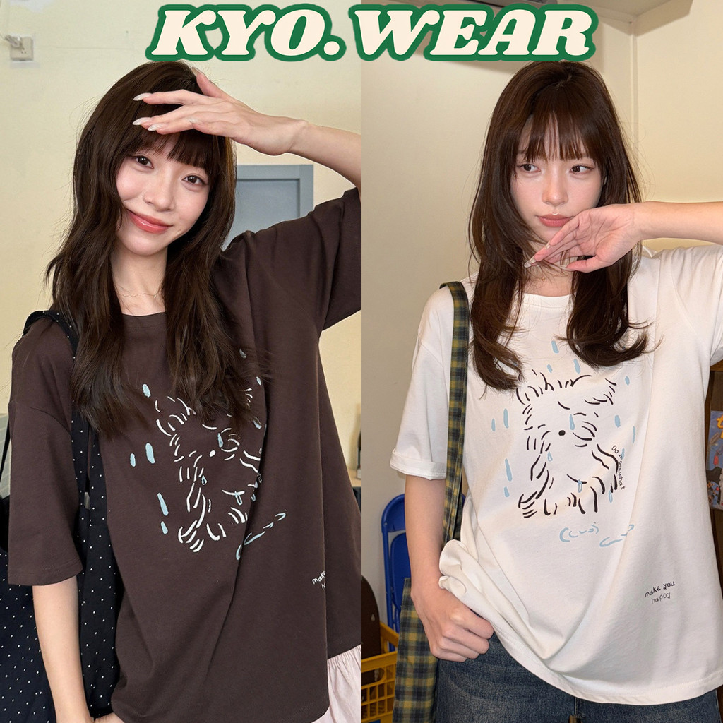 KYO 🌸 เสื้อยืดผู้หญิง สไตล์ลำลอง OVERSIZE พิมพ์ลาย "Dog in the rain" ผ้าCOTTON 100％โคตรนุ่ม โคตรนุ่ม เสือใส่สบาย【COD】