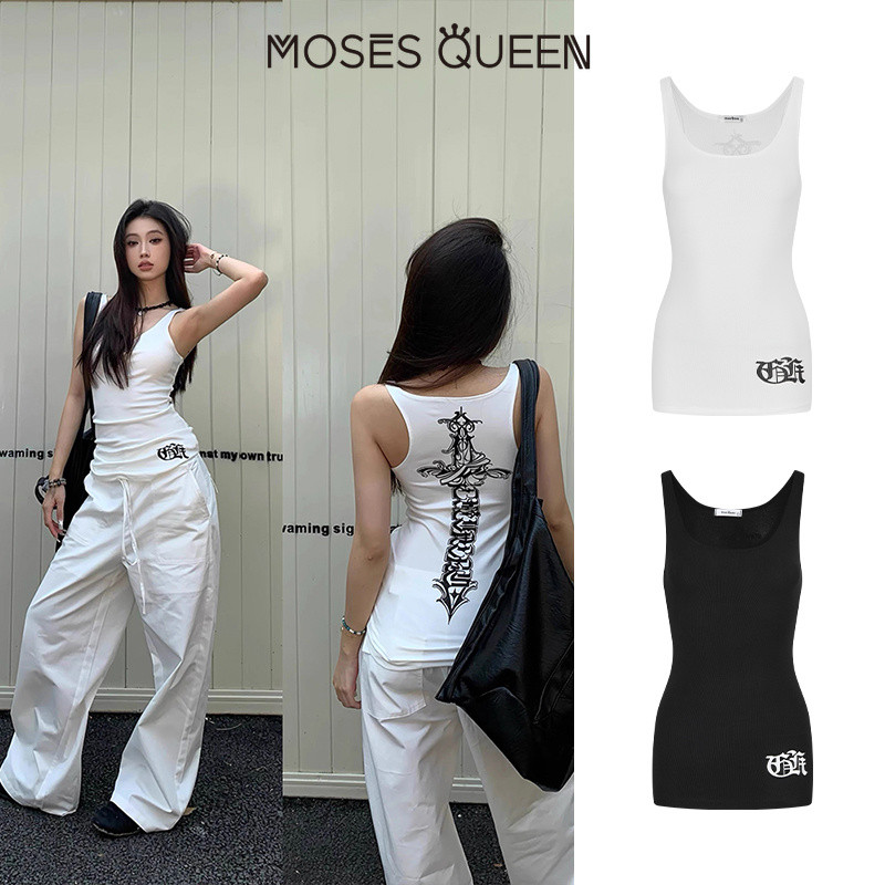 < MOSESQUEEN > มอสส์ ราชินี สไตล์อเมริกันสาวฮอตสไตล์สีขาวพิมพ์กลางความยาวแขนกุดเชือกแขวนคอด้านบนที่มีการติดตั้งและลดอายุคอวีออกแบบ #63742