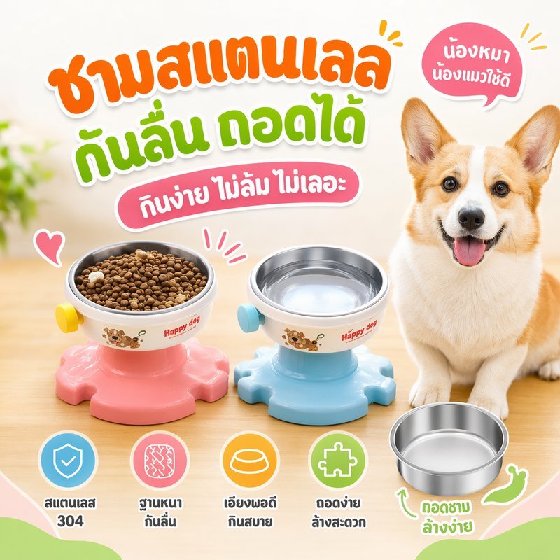 ชามอาหารแมว ชามอาหารสุนัข ชามสแตนเลส กันลื่น ถอดล้างง่าย ปากกว้าง ไม่กดหนวด ฐานจิ๊กซอว์