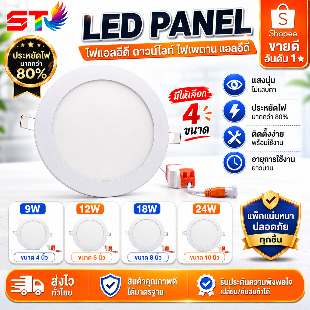 โคมไฟดาวน์ไลท์ ฝังฝ้า รุ่นกลม Panel LED 9W,12W,18W,24W