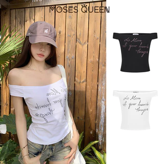 MOSESQUEEN เสื้อผ้า T แบบหนึ่งข้าง สำหรับผู้หญิง ฤดูร้อน ดีไซน์ใหม่ เซ็นส์ สไปซ์ กลิ่นหอม ชุดสั้น ฤดูร้อน #63011