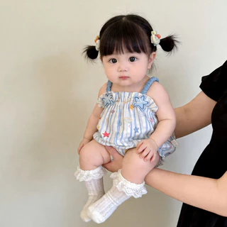 ฤดูร้อนสไตล์ใหม่เด็กสาวมหาสมุทร-สไตล์แขนกุดบางกระเป๋าไขมันเสื้อผ้าผู้หญิง0-24เดือนผ้าฝ้ายสลิงปลาดาวพิมพ์บอดี้สูท