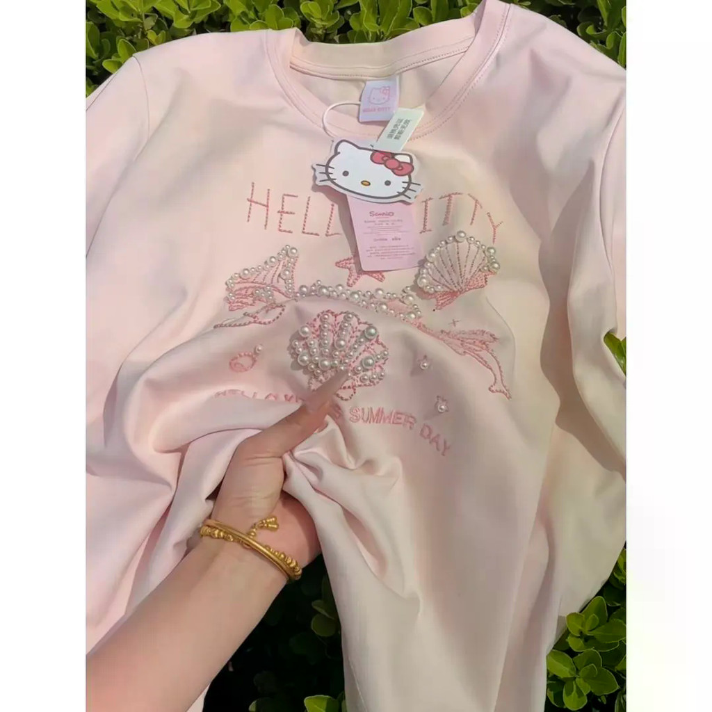 ผ้าฝ้าย 100% หวานและน่ารักเล็บลูกปัด สวัสดี คิตตี้ เสื้อยืดแขนสั้นสําหรับผู้หญิงฤดูร้อนหลวมรอบคอครึ่งแขนด้านบน