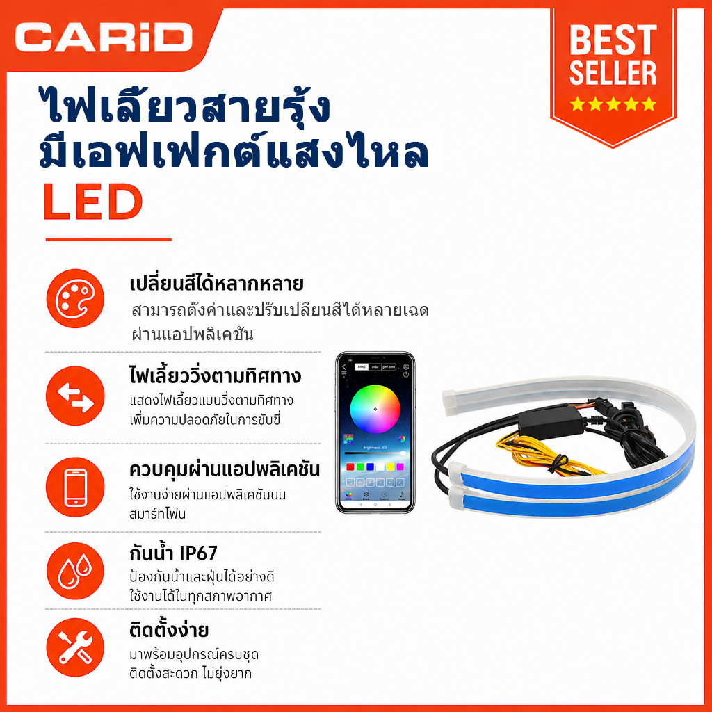 CARiD 2 ชิ้น LED 12V ไฟเดย์ไลท์ แบบแอพพลิเคชั่น และ แบบรีโมท ไฟเลี้ยววิ่ง Daylight (DRL) สีRGB