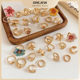 DREJEW แหวนผู้หญิง ชุด 8 ชิ้น ปลาดาว ดอกไม้เคลือบสีฟ้า ไข่มุกเทียม แหวนเปิด สไตล์มหาสมุทรฤดูร้อน วันหยุดชายหาด สวมใส่ทุกวัน ออกเดท ของขวัญ